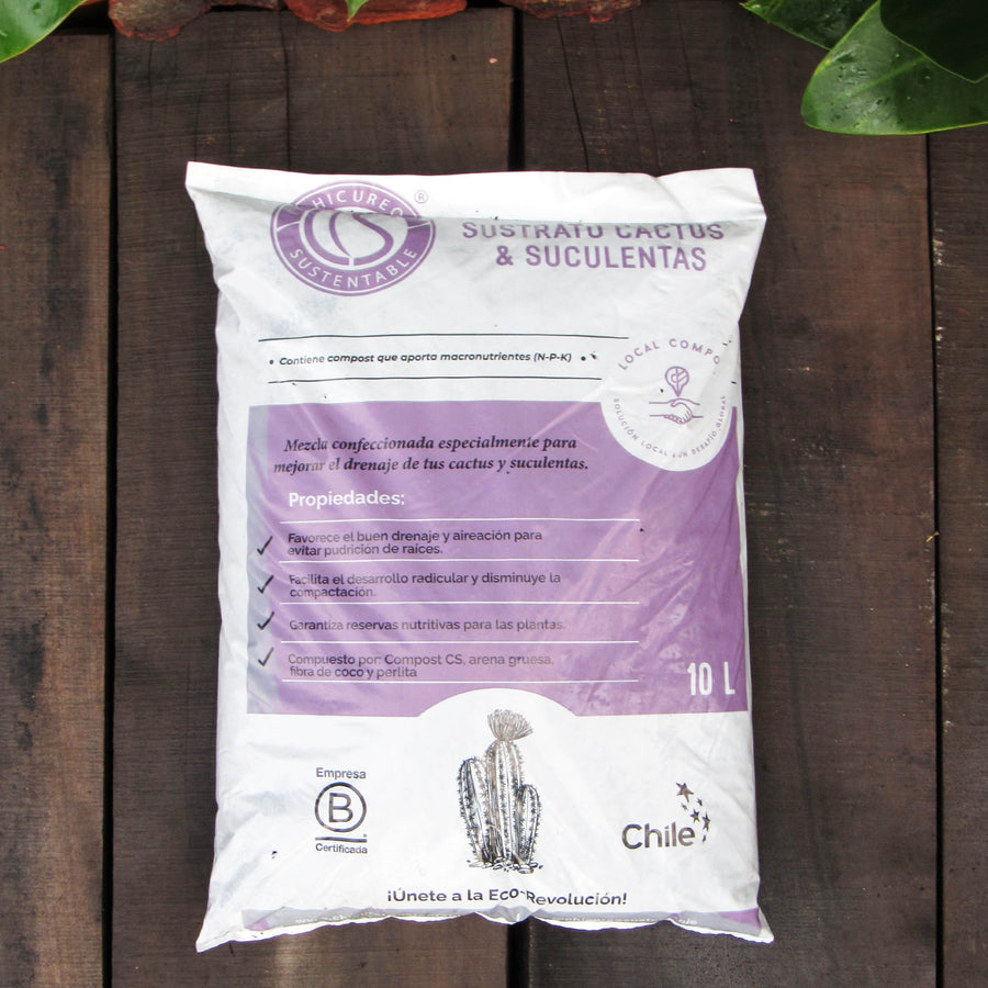 Bolsa blanca y lila rotulada «Sustrato Cactus y Suculentas», con indicación de 10 L y un dibujo de cactus.
